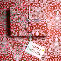 Image 4 of Red Folk Art Wrapping paper( 2 sheets and Gift Tags)