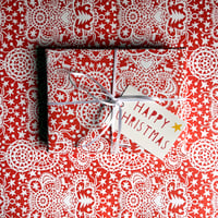 Image 1 of Red Folk Art Wrapping paper( 2 sheets and Gift Tags)