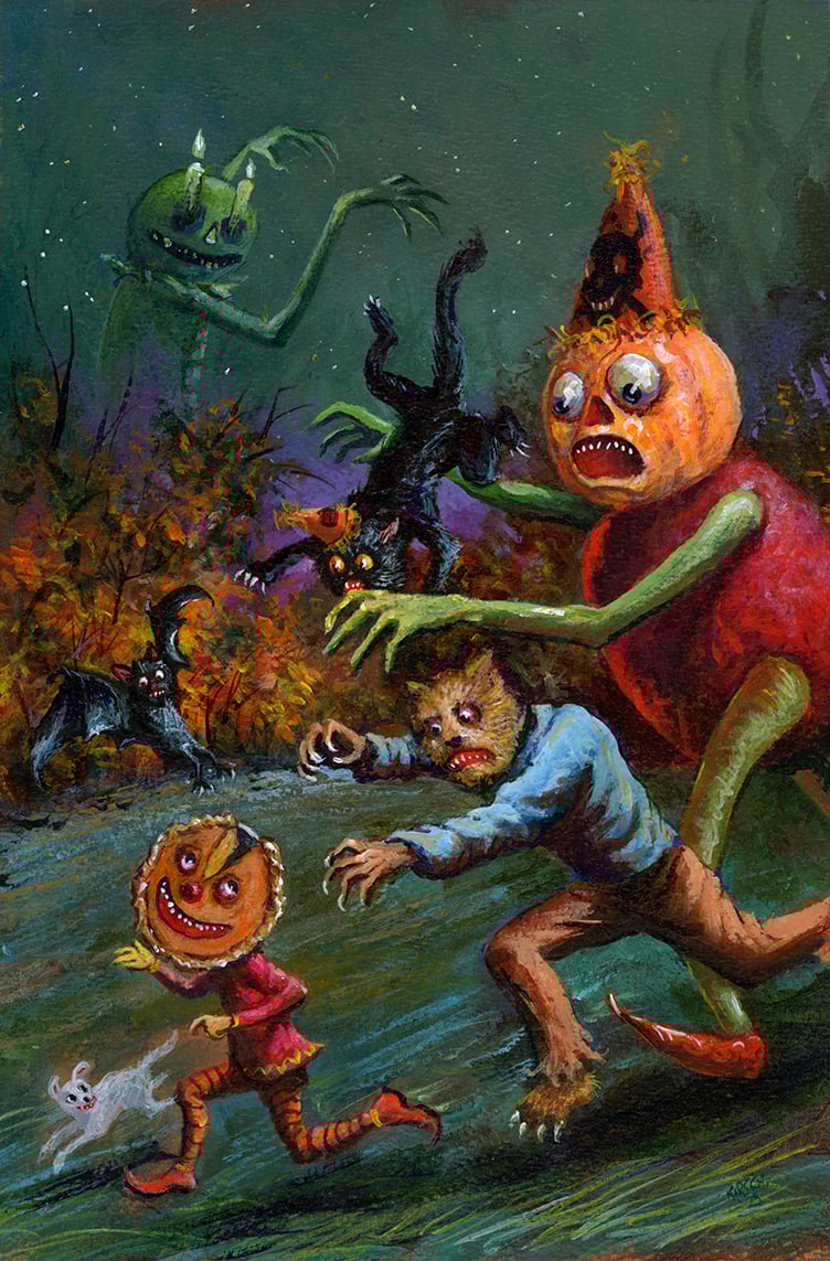 Image of "Can't Catch Me!" The October Shiverbones Halloween Postcard
