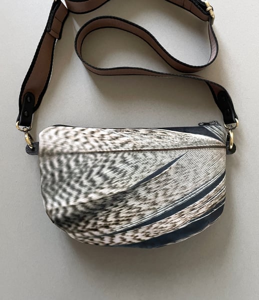Image of Feather stripe, crossbody velvet bag with canvas strap