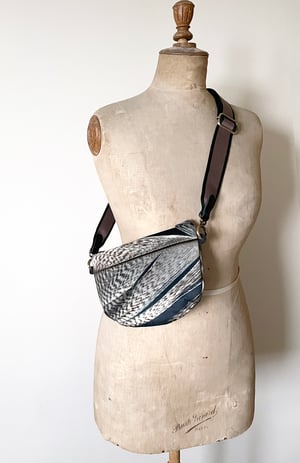 Image of Feather stripe, crossbody velvet bag with canvas strap