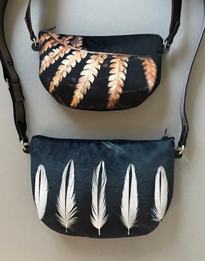 Image of Oystercatcher feathers, large curved crossbody velvet bag with canvas strap