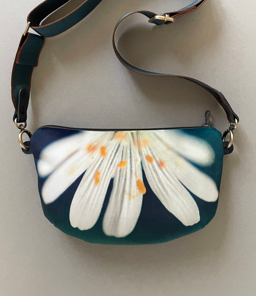 Image of Stitchwort flower, crossbody velvet bag with canvas strap