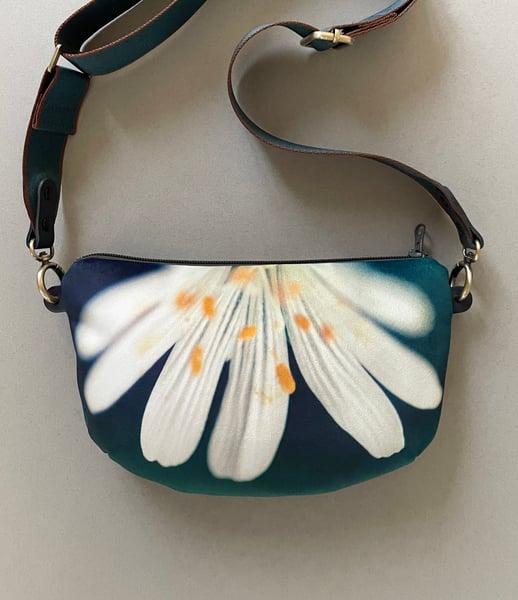 Image of Stitchwort flower, crossbody velvet bag with canvas strap