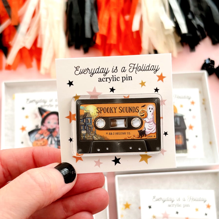 Image of Spooky Sounds cassette tape acrylic pin
