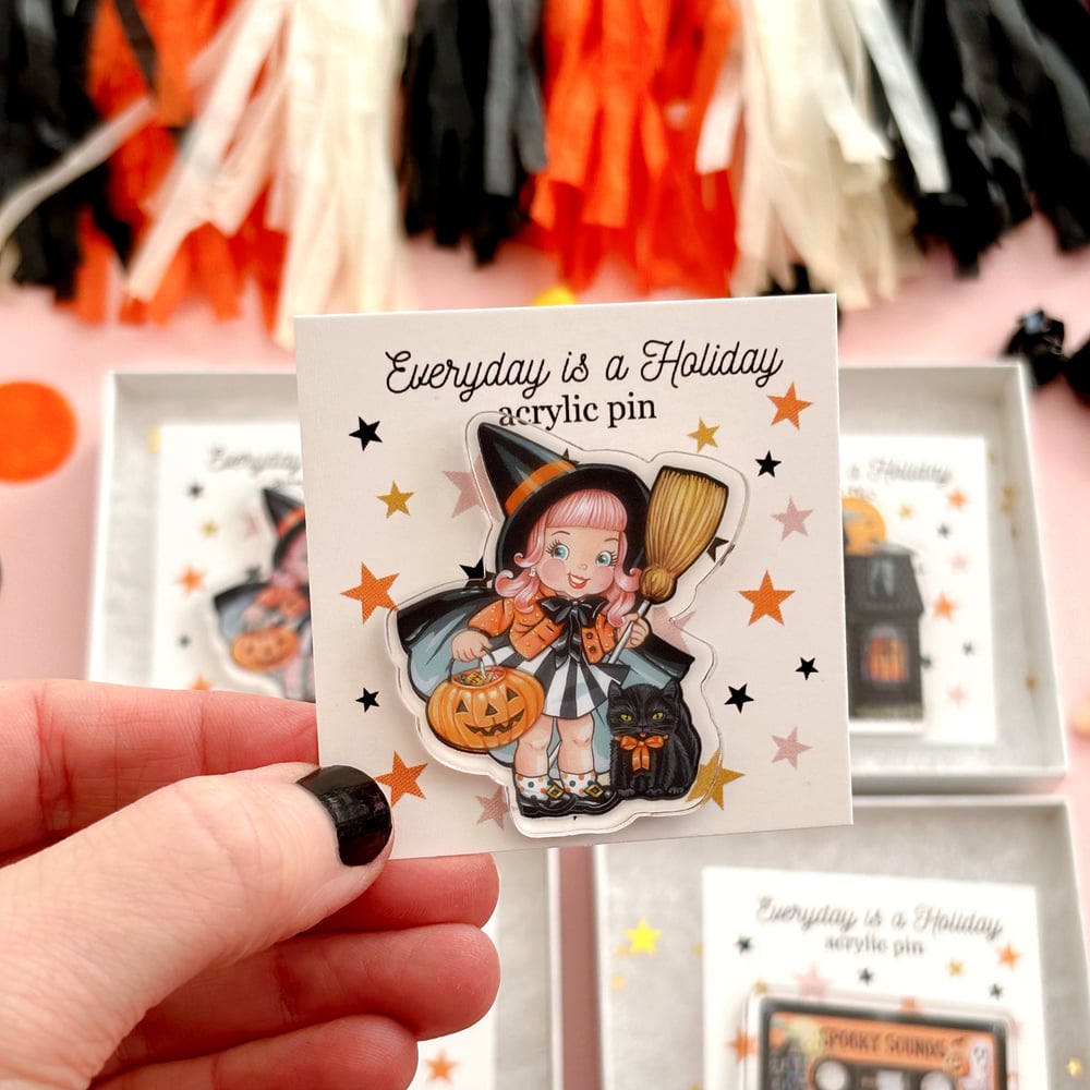 Image of Trick or Treat Witch acrylic pin 
