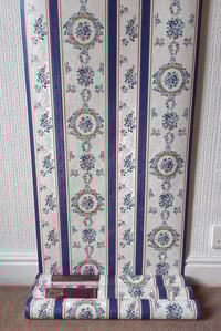 Image 2 of 1980s Vintage Shand Kydd Wallpaper Rolls - Cottage Cameo Blue Stripe Vinyl Retro 90s - (Set of 3)