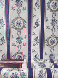 Image 1 of 1980s Vintage Shand Kydd Wallpaper Rolls - Cottage Cameo Blue Stripe Vinyl Retro 90s - (Set of 3)