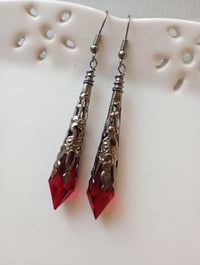 Image 1 of Vamp Ornate Pointed Earrings, Red & Gunmetal, Pierced or Clip On 