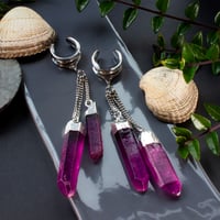 Image 1 of Crystal Ear Hangers: Purple Quartz Crystal, Stainless Steel Tunnels, Saddle Plugs, Stretched Ears