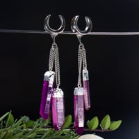 Image 2 of Crystal Ear Hangers: Purple Quartz Crystal, Stainless Steel Tunnels, Saddle Plugs, Stretched Ears