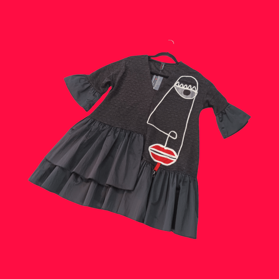 Image of black tunic, applique face, one of a kind