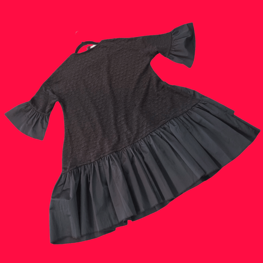 Image of black tunic, applique face, one of a kind