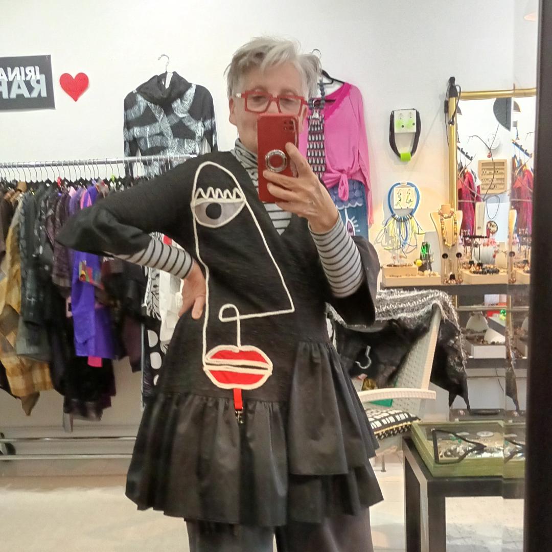 Image of black tunic, applique face, one of a kind