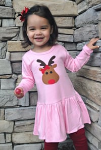 Image 1 of  Reindeer Christmas Dress Girl’s Pink Rudolph Party Dress Long Sleeve 