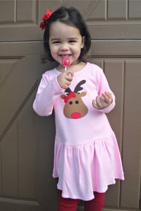 Image 2 of  Reindeer Christmas Dress Girl’s Pink Rudolph Party Dress Long Sleeve 