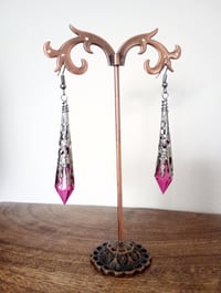Image 5 of Vamp Ornate Pointed Earrings, Cerise & Gunmetal, Pierced or Clip On