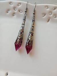 Image 1 of Vamp Ornate Pointed Earrings, Cerise & Gunmetal, Pierced or Clip On
