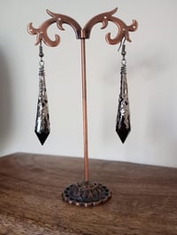 Image 5 of Vamp Ornate Pointed Earrings, Black & Gunmetal, Pierced or Clip On 