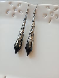 Image 1 of Vamp Ornate Pointed Earrings, Black & Gunmetal, Pierced or Clip On 