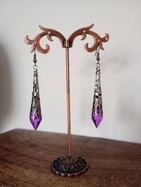Image 5 of Vamp Ornate Pointed Earrings, Purple & Gunmetal, Pierced or Clip On 