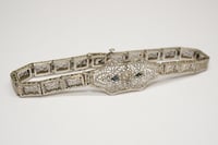 Image 3 of Art Deco 10k White Gold Filigree Link Bracelet with Diamond and Sapphires