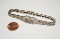Image 4 of Art Deco 10k White Gold Filigree Link Bracelet with Diamond and Sapphires