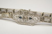 Image 5 of Art Deco 10k White Gold Filigree Link Bracelet with Diamond and Sapphires