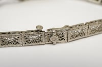 Image 6 of Art Deco 10k White Gold Filigree Link Bracelet with Diamond and Sapphires