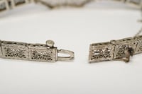 Image 7 of Art Deco 10k White Gold Filigree Link Bracelet with Diamond and Sapphires