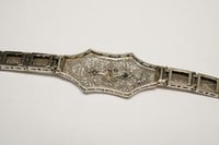 Image 8 of Art Deco 10k White Gold Filigree Link Bracelet with Diamond and Sapphires