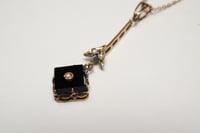 Image 3 of Antique 14k Yellow Gold, Onyx, and Seed Pearl Lavalier Pendant with Chain