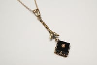 Image 2 of Antique 14k Yellow Gold, Onyx, and Seed Pearl Lavalier Pendant with Chain