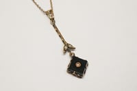 Image 1 of Antique 14k Yellow Gold, Onyx, and Seed Pearl Lavalier Pendant with Chain