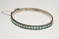 Image 2 of Exquisite Antique Sterling Silver Hinged Bangle Bracelet with Pavé Set Turquoise 