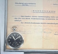 Image 1 of WW2 (Nazi Germany) Wehrmacht Issued Pocket Watch w/Framed Document Certification