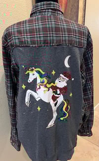 Image 1 of Vintage Gray/Red/Green Flannel Shirt Sequin Santa on a Unicorn 