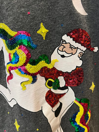 Image 2 of Vintage Gray/Red/Green Flannel Shirt Sequin Santa on a Unicorn 