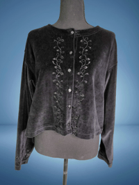Image 1 of Vintage Liz Sport Black Velvet Cardigan | 80s–90s Korean-Made Embroidered Button Top
