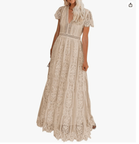 Image 6 of Item 72: Merokeety V-Neck Lace Dress, apricot XL