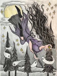 Image 1 of The Witch Rides At Night Original Pastel Drawing 6 X 8 