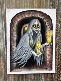 Image 2 of Candlelit Ghoul of the Haunted Hallway Original Pastel Drawing 6X8