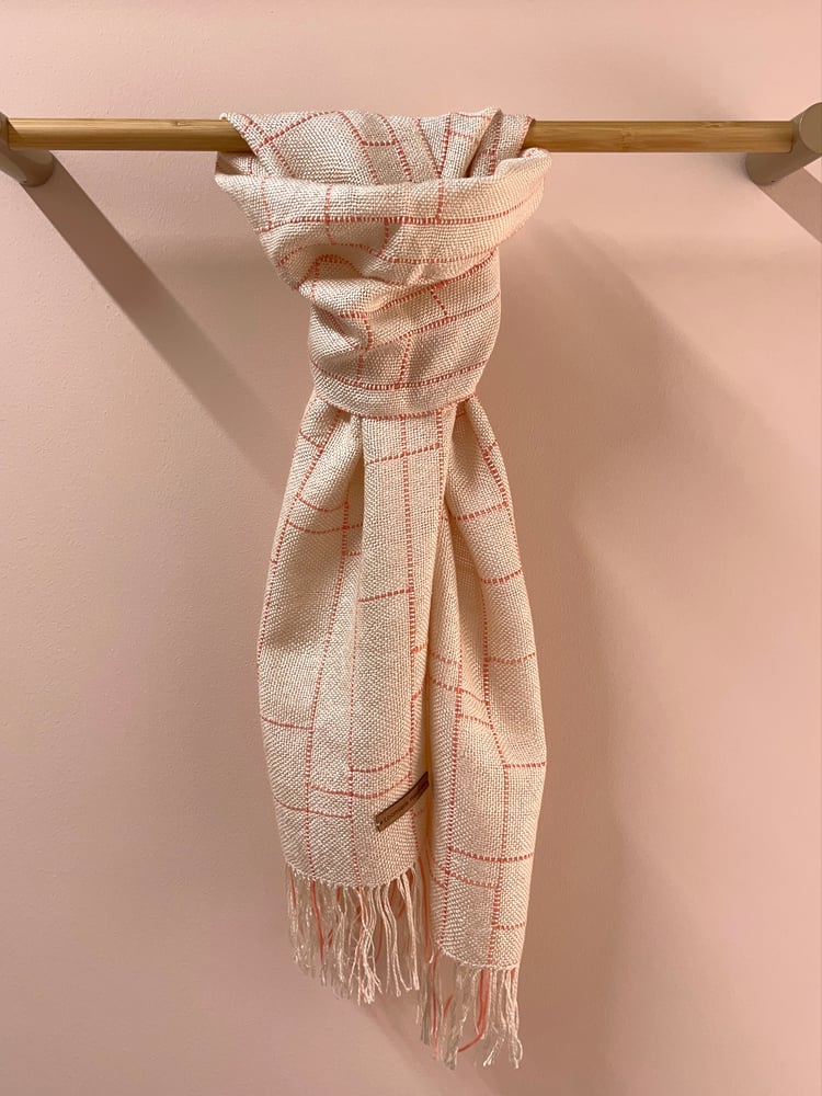 Image of Ecru & Coral Silk/Seaweed Linear Scarf