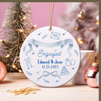 Image 2 of Personalized First Christmas Engaged Ornament: Blue Toile Heart Locket