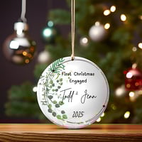 Image 4 of Personalized First Christmas Engaged Ornament: Blue Toile Heart Locket