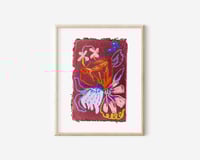 Image 1 of Oil Pastel Garden Flowers on dark plum handmade paper