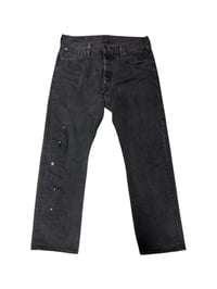 Image 1 of 1 of 1 Repurposed Script Levi’s Black Jeans