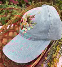 Image 3 of Pink hand embroidered flowers on an adjustable light blue jean hat