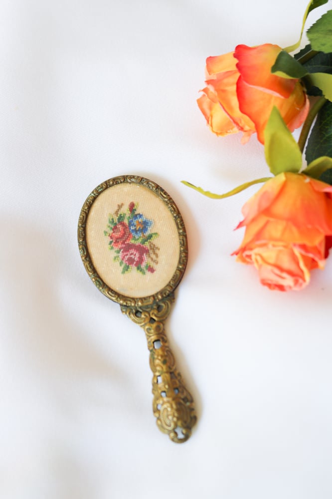 Image of Adorable Vintage Handheld Floral Needlepoint Mirror