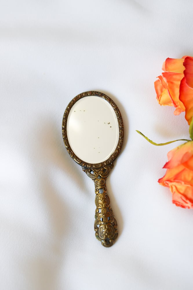 Image of Adorable Vintage Handheld Floral Needlepoint Mirror